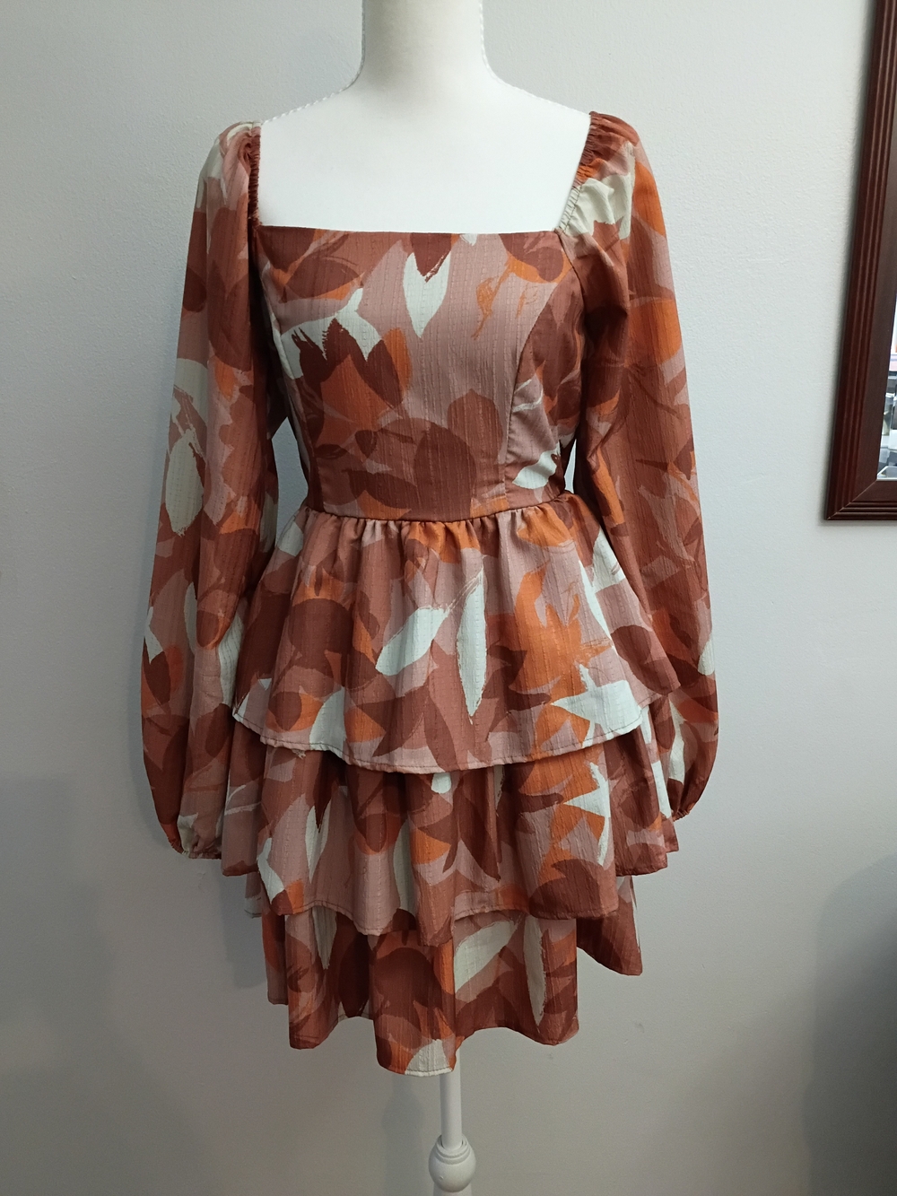 Peach Love California Rust and Cream Floral Tiered Long-Sleeve Mini Dress